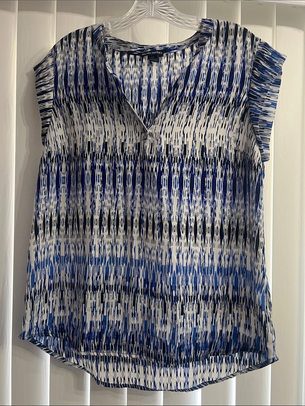 Hilary Radley Navy Blue and White Printed Cap Sleeve Blouse